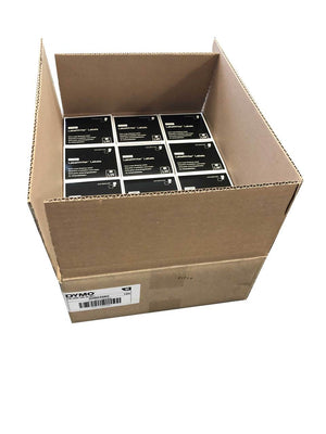 Open brown Dymo trade carton labelled S0904980 12x, holding individually boxed LabelWriter extra large shipping label rolls in black boxes lying flat.