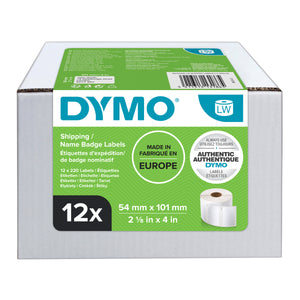 Dymo LabelWriter shipping and name badge labels carton, white box with a green Dymo panel reading 12 x 220 Labels, 54 mm x 101 mm, Made in Europe, Authentic Dymo, on a white background.