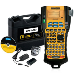 Dymo Rhino 5200 Industrial Label Maker Hard Case Kit showing label maker, hard carry case, AC adaptor and rechargeable Li-Ion battery arranged on a white background