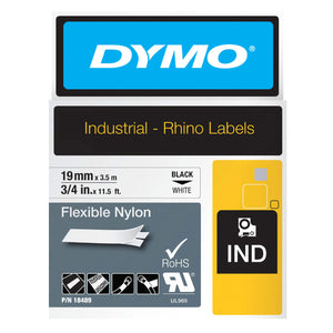 Dymo Rhino Industrial Labels blister pack for 19mm x 3.5m black on white flexible nylon tape, with the IND badge, RoHS tick, UL 969 mark and part number 18489.