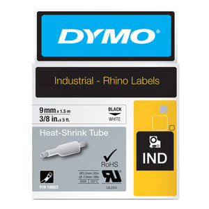 Dymo Rhino Industrial Labels blister pack for 9mm x 1.5m black on white heat shrink tube, with the IND badge, RoHS tick, UL 224 mark and part number 18053.