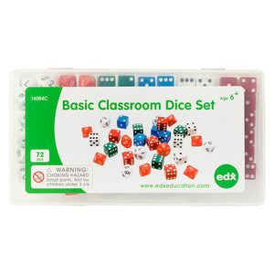 EDX Education Basic Classroom Dice Set showing 72 pieces in a sturdy plastic container