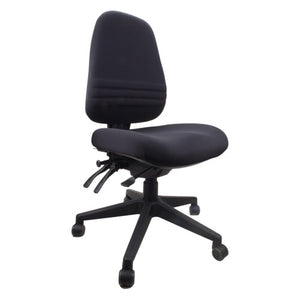 Rapidline Endeavour Pro high back operator chair in black fabric, three quarter view showing the lumbar strips and spider base.
