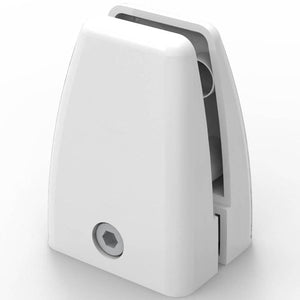 Rapidline desk mounted EPS screen clamp in white powder coat, a rounded clamp body with a screen slot on top and a hex screw on the front.