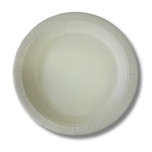 White round economy paper plate with a fluted rim photographed from above; The Note Group use this photo for both plate sizes