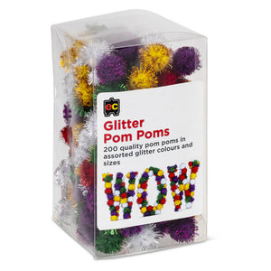 Educational Colours Glitter Pom Poms Pack of 200. Educational Colours Glitter Pom Poms in assorted colours and sizes, pack of 200.