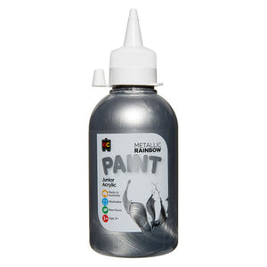 Educational Colours Metallic Rainbow Junior Acrylic Paint 250ml Silver. Educational Colours 250ml Silver Metallic Rainbow Junior Acrylic Paint bottle.