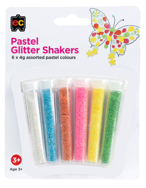 Six clear plastic shaker pots of pastel craft glitter in pink, lilac, blue, mint, yellow and peach, standing in two rows on a white background.