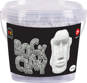 Educational Colours Rock Clay in a clear 500 gram resealable tub with a grey label, shown beside a smooth grey ball of the moulded clay on a white background.