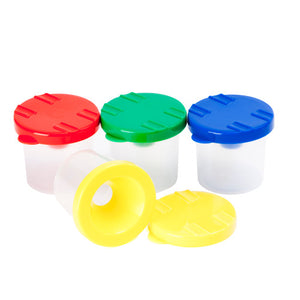 Educational Colours Stubby Safety Paint Pot set of 4 showing red, blue, yellow and green pots with three-part lids, each 8.5cm in height and diameter