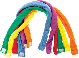 Six absorbent terry cloth sensory chews in assorted colours laid out in two rows on a white background, each a small soft fabric tab.
