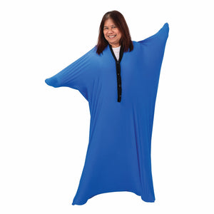 Blue stretch fabric body sock shown with a child inside pushing outwards, the fabric stretched taut to show the shape of an arm and leg.