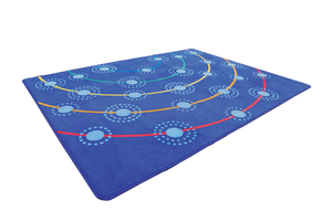 Elizabeth Richards Campfire Rug laid flat showing vibrant campfire design, 300cm x 400cm