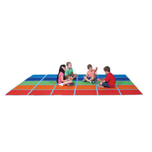 Elizabeth Richards Fun Colour Blocks Rug with 30 colour-coded rectangles, 3m x 4m, laid flat in a classroom setting