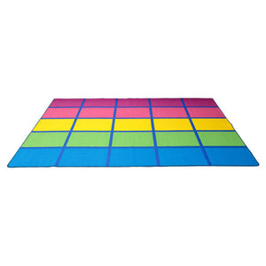 Elizabeth Richards Rainbow Blocks Rug laid flat, showing colourful 25-rectangle grid pattern, 300cm x 200cm