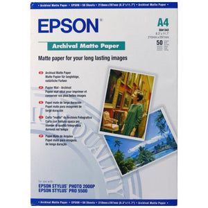 Epson Archival Matte Paper A4 192gsm pack of 50 sheets, bright white non-glare matte finish for pigment ink printers