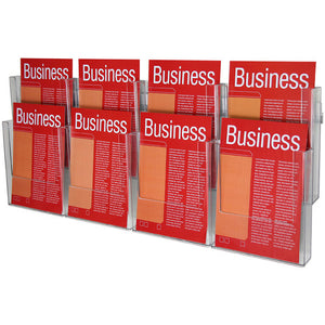 Esselte 46560 A4 brochure wall system, two rows of four clear portrait pockets filled with red Business brochures