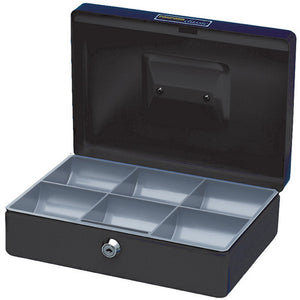 Esselte Classic No.10 black steel cash box with the lid open, a grey six bay coin tray inside and the key lock on the front panel