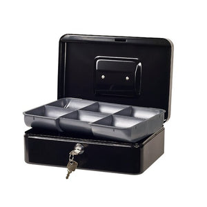 Esselte Classic No.6 cash box in black with the lid open, grey six compartment coin tray lifted above the base and keys in the lock