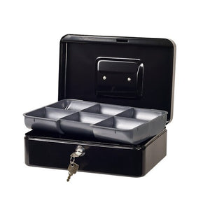 Esselte Classic No.8 black cash box open with the grey six compartment coin tray lifted and two keys hanging from the front lock