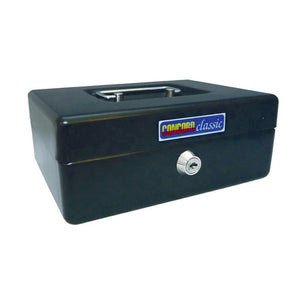 Esselte Classic Cash Box No. 8 in black with fold-away handle and partitioned coin tray, 200x150x80mm