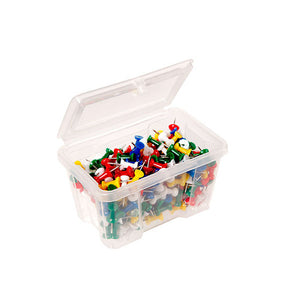 Esselte assorted-colour push pins in a resealable tub of 200, shown from the front on a white background