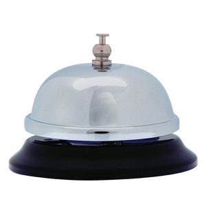 Esselte 30159 counter bell with a polished chrome dome and plunger on a round black base, front view