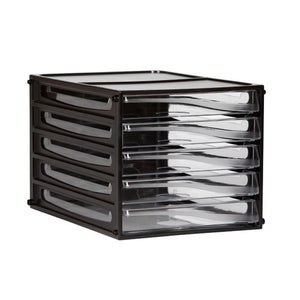 Esselte 49775 black frame desktop filing unit with 5 A4 drawers stacked on a desk