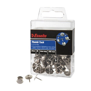Esselte Thumb Tack hanging box of 100 silver drawing pins, label showing 10 mm head, 9mm long and 100 pack, three loose pins in front