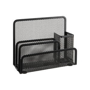 Esselte 48459 black steel mesh desk organiser from the front, tall mesh back panel, lower paper slots and a square pen cup on the right