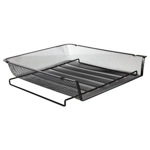 Esselte 47546 black steel mesh A4 portrait document tray from above at an angle, ribbed mesh floor and wire legs at the front