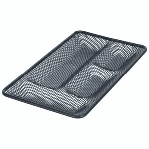 Esselte 47551 black steel mesh drawer tidy from above at an angle, one long compartment beside three shorter wells, rolled rim