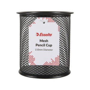 Round black Esselte steel mesh pencil cup with a white tag reading Mesh Pencil Cup, 110mm Diameter