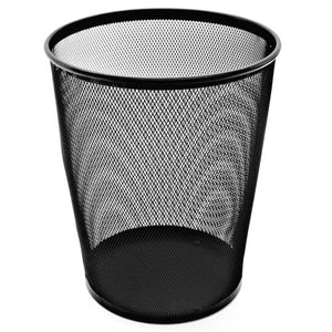 Round black Esselte metal mesh waste bin with a solid rolled rim and base band, slightly wider at the top