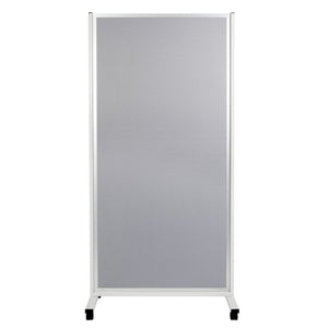 Esselte ESSMDP63GR narrow mobile display panel with a grey fabric face in a slim aluminium frame, standing on two foot rails with black castors