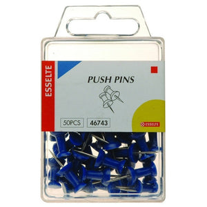 Esselte blue push pins with 10mm plastic head and steel point, pack of 50, shown on white background