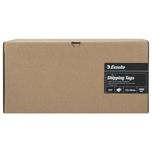 Long brown Esselte carton with a black label reading No. 7 Shipping Tags, Buff, 73x146mm, 1000 PACK
