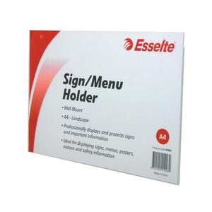Esselte 47581 clear A4 landscape wall mount sign and menu holder with the red and white Esselte insert card listing Wall Mount and A4 Landscape