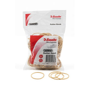 Clear bag of Esselte Superior natural rubber bands with red Size No.16 and 100g badges, product code 46193 on the label and loose bands in front