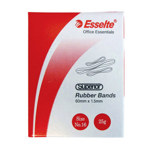 Front of a red and white Esselte Office Essentials box of Superior rubber bands printed 60mm x 1.5mm with Size No.16 and 25g badges