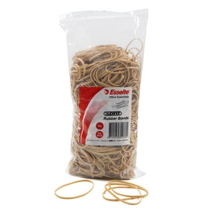 Esselte Superior No.34 rubber bands in a clear 500g bag with a red and white label, loose natural bands lying in front of it