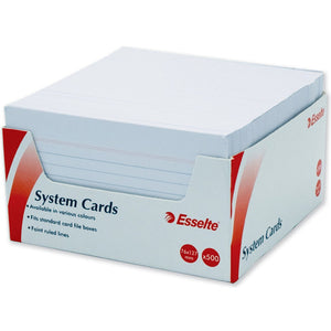 Esselte 316785 white and red display box of 500 ruled system cards, front panel open to show white cards, printed 76x127mm and x500