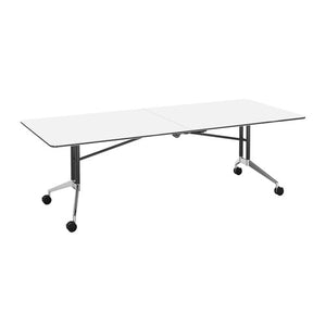 Rapidline Rapid Edge folding boardroom table with a Natural White top and black rubber edge on a black and aluminium frame with castors