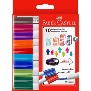 Faber-Castell 10 Connector Pen Whiteboard Markers pack in red showing ten coloured connectable caps, whiteboard chart artwork and connectable, dry wipe labels