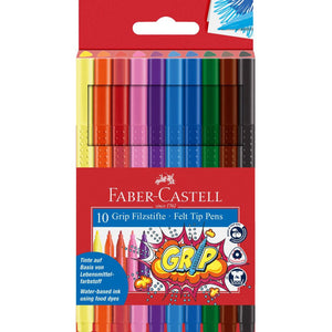 Faber-Castell 10 Grip felt tip pens in red cardboard wallet showing ten colour markers from yellow to black with raised dot grips and a comic style Grip graphic