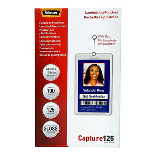 Red Fellowes Capture 125 laminating pouches box printed 64mm x 108mm With Slot, 100 sheets, 125 microns, Gloss, showing a staff ID card hanging from its slot