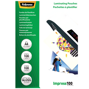 Green Fellowes laminating pouch box, A4, 100 sheets, 100 micron, gloss, marked Impress 100