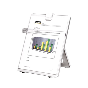 Fellowes A4 Workstation copyholder in platinum standing on its easel back, holding a sample A4 page with a bar chart and a clear line guide across it
