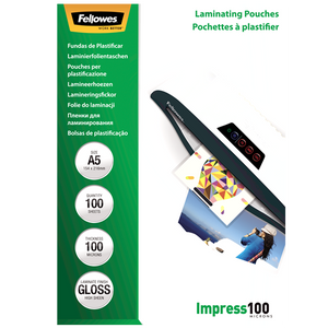 Green Fellowes laminating pouches box printed A5, 100 sheets, 100 microns, Gloss and Impress 100, with a laminator feeding a geometric print