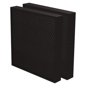 Two thick black AeraMax Pro full carbon filters standing one behind the other, honeycomb carbon face inside a black frame
